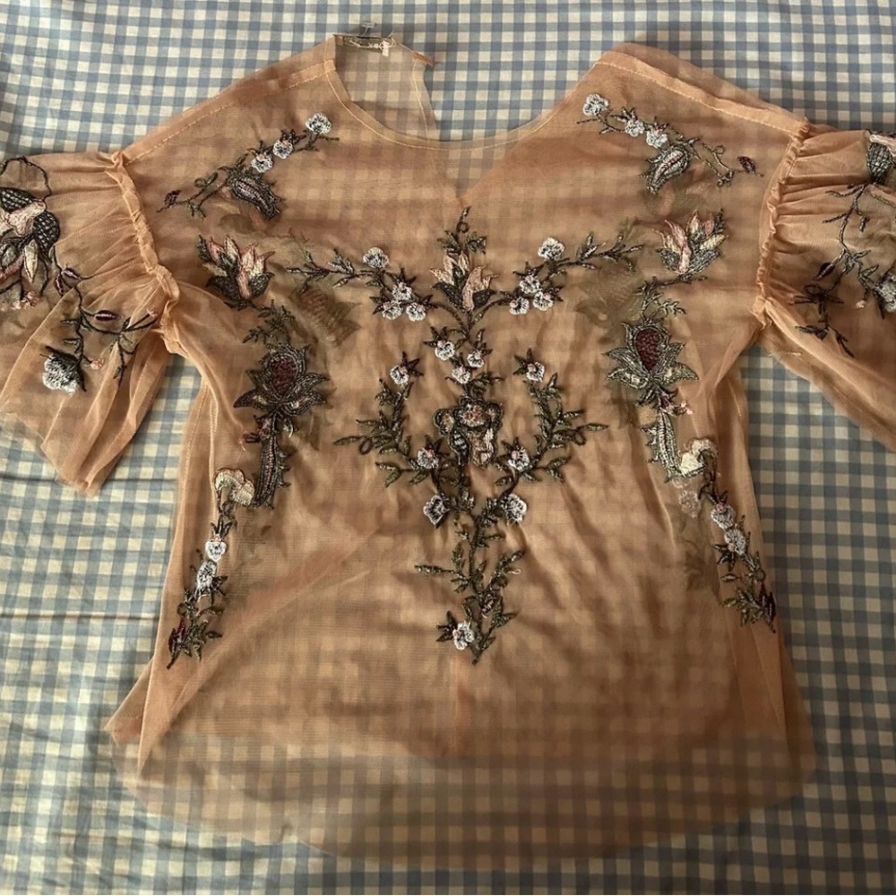 Pink Flowered Embroidered Mesh Top